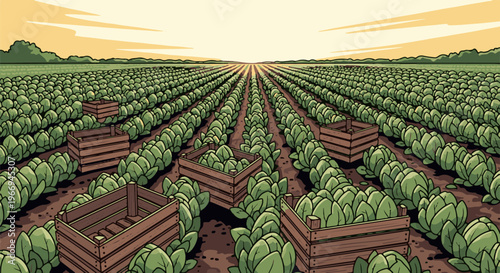 Pixelated harvest scene of neat rows of leafy green crops in wooden crates