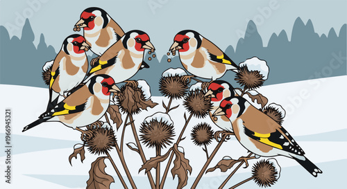 A flock of goldfinches gathers on snow-covered thistles in a winter landscape