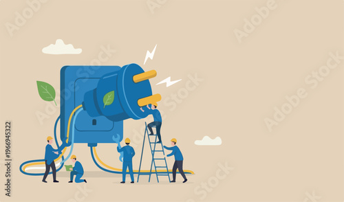 Sustainable energy, consumption electricity innovation to concept, miniature people to worker, technician fixing building too electricity copy space