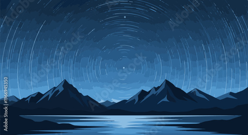 Pixelated mountain range under a starry sky with star trails reflecting in water