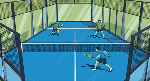 Players engaged in a game on a blue court with glass walls