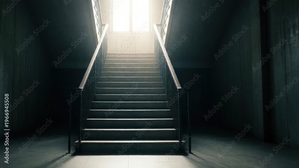 Fototapeta premium Wooden staircase leading upward into bright clouds and sunlight, symbolizing success, growth, ambition, and hope for a better future.