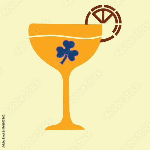 Stout beer glass topped with a frothy head and a shaker featuring a clover emblem