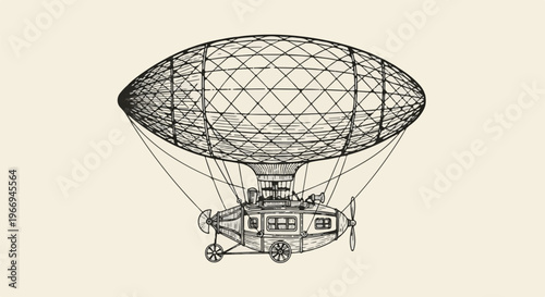 Detailed vintage dirigible illustration against a plain, sepia-toned background