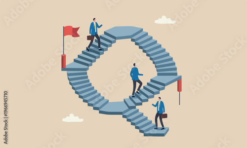 Business, pillars, possible and impossible concept, ambitious businessman walk up stair while in paradox he walking down