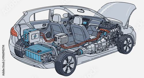 Cutaway view of an electric car showing internal components and powertrain
