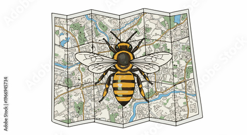 Stylized bee rests on a folded city map