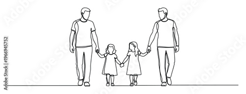 Minimalist one line illustration of two fathers holding hands with their two daughters, symbolizing family unity and happiness, ideal for parenting blogs, greeting cards, and educational
