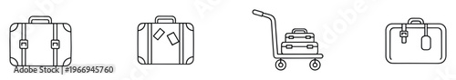 Assortment of travel suitcases and luggage cart line icons representing essential items for vacation and journey, perfect for tourism applications and baggage services.