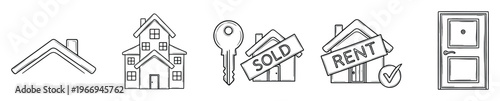 Simple black and white line icons representing various real estate concepts such as residential home structures, property sales, rental agreements, and household security for marketing