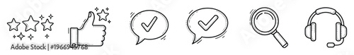 Collection of hand drawn customer feedback and support icons featuring rating stars, like gesture, confirmed messages, search tool, and helpdesk headset for web applications and user