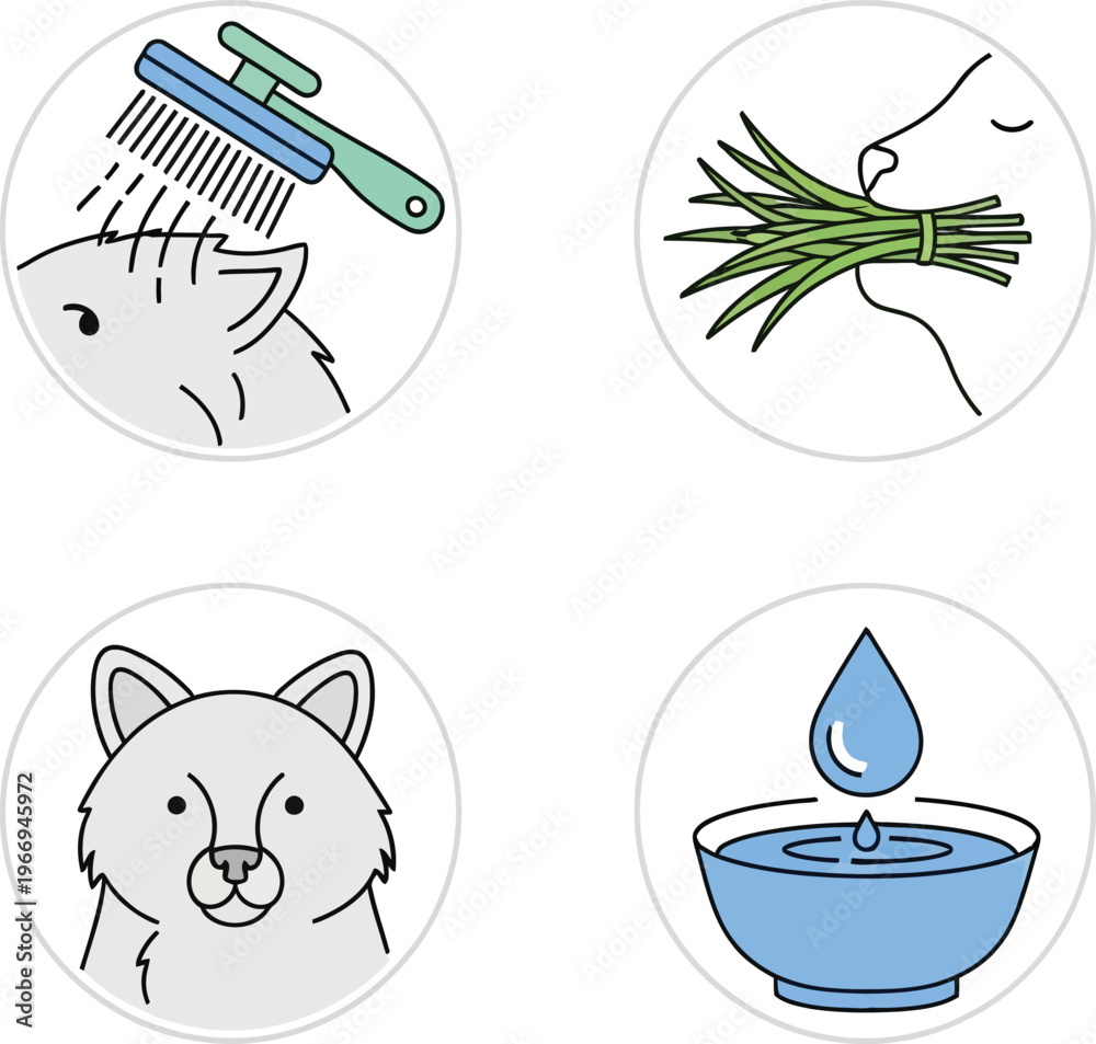 Fototapeta premium Cute cartoon animals including cats and dogs in various activities like grooming and eating grass set against transparent background.