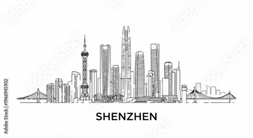 A black and white line drawing of a city skyline featuring skyscrapers and bridges