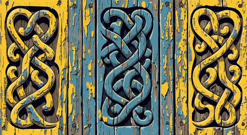 Textured wooden background with intricate interlocking knot carvings in yellow and blue