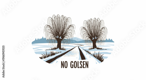 Winter path leads to distant hills between weeping willow trees