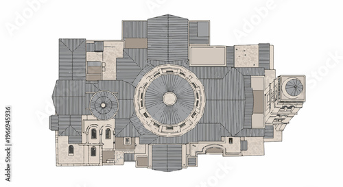 Top-down view of a large, complex building with multiple domes and angled roofs