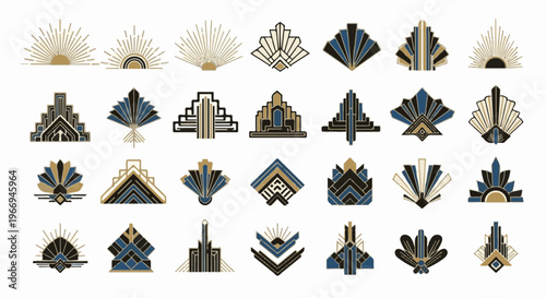 Geometric fan and sunburst art deco elements in gold, blue, black