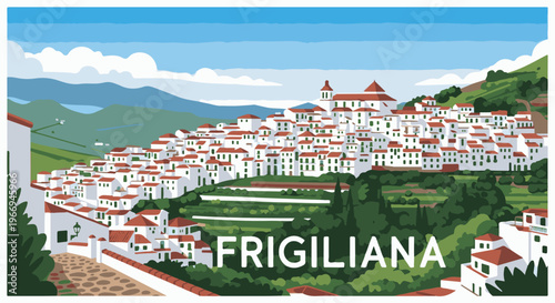 White hillside village with red roofs under a blue sky with clouds