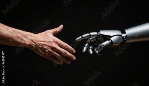 Split image showing a human hand on one side and a robotic hand on the other, representing artificial intelligence replacing human work.