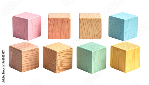 Eight wooden toy cubes, soft pastel shades, natural wood grain textures