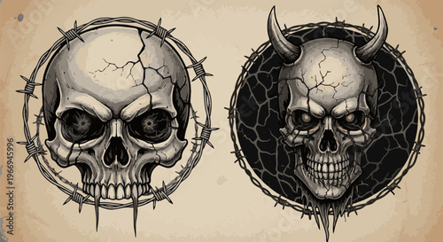 Two detailed, cracked skulls with barbed wire encircle them; one horned