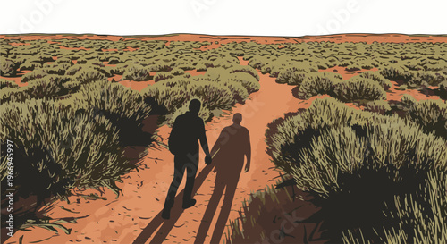 Two figures walk hand-in-hand on a dusty path through a arid landscape