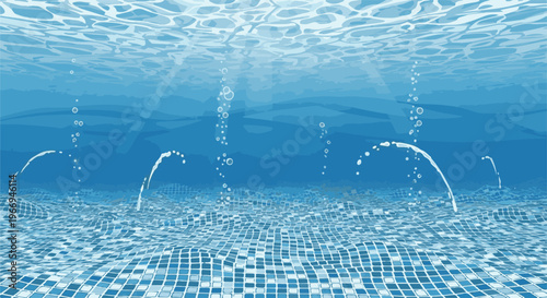 Underwater view of a tiled pool floor with light rays and bubbles
