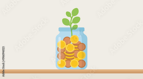 Plant Sprouting From Coin Jar Symbolizing Growth.