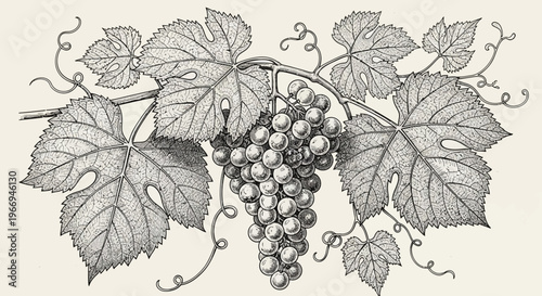 Vintage Grapevine Illustration: Bunch of Grapes with Leaves and Tendrils
