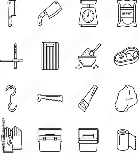 Assortment of butchery and meat cutting tools, including various knives, saw, hook, scale, and packaging for meat industry.