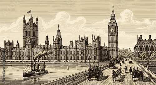 Vintage engraving of a historic city skyline with a clock tower and riverboat