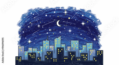Whimsical city skyline under a starry night sky with a crescent moon