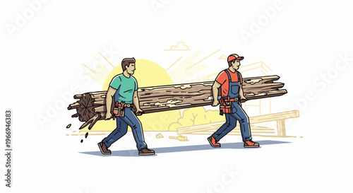 Two men carrying large logs under a stylized sun
