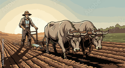 Farmer and oxen plowing a field at sunrise