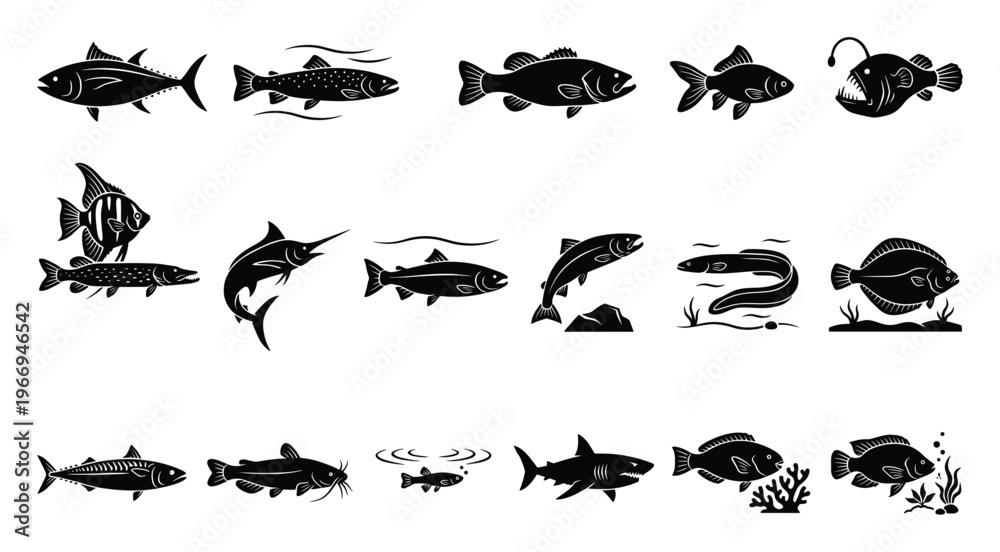 Fototapeta premium Collection of diverse fish species silhouettes perfect for illustrating fishing guides, educational content, seafood packaging, aquarium branding, and marine wildlife conservation campaigns