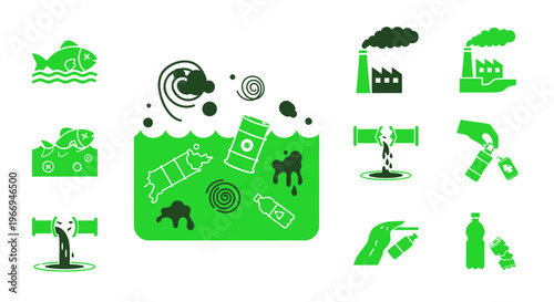 Environmental Pollution Icons: Water Contamination, Industrial Waste, Plastic Debris
