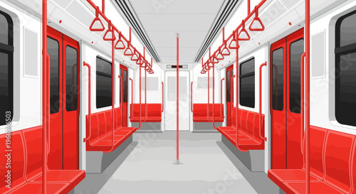 Empty Subway Train Interior with Red Seats and Handles, Modern Public Transport