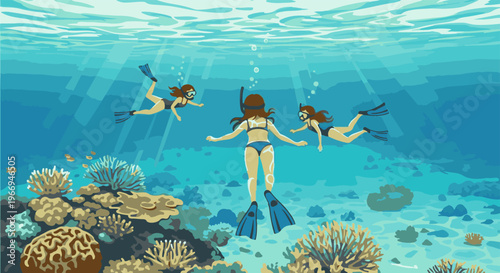 Three women snorkel among coral reefs and fish in clear blue water