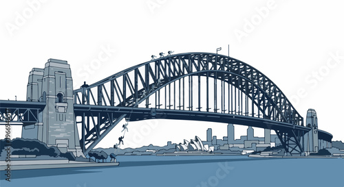 Large steel arch bridge spans blue water, people climb its structure