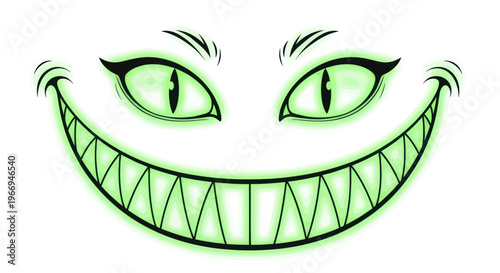 Grinning Cheshire Cat Face with Glowing Green Eyes and Wide Smile