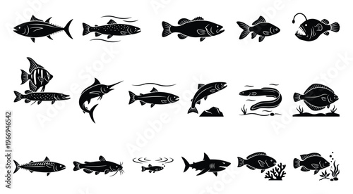 Collection of diverse fish species silhouettes perfect for illustrating fishing guides, educational content, seafood packaging, aquarium branding, and marine wildlife conservation campaigns