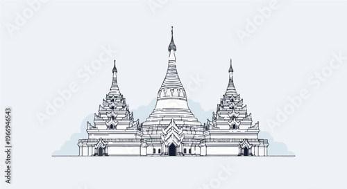 Ornate, tiered temple structure with three spires against a soft, pale sky