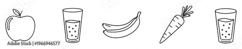 Minimalist line drawing set featuring essential healthy food items like a fresh apple ripe bananas a nutritious carrot and refreshing glasses of juice perfect for wellness programs and