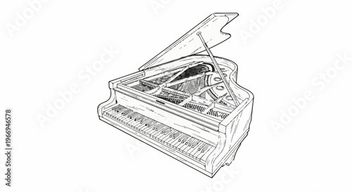 Detailed ink sketch of a grand piano with its lid open