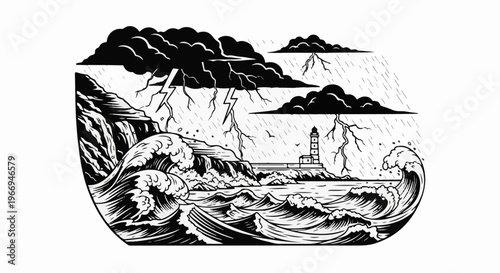 Lighthouse battered by a raging storm, with crashing waves and lightning strikes