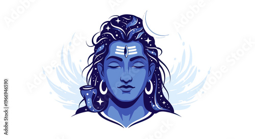 Lord Shiva illustration with third eye, crescent moon, and cosmic elements