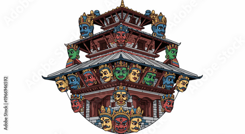 Ornate temple structure adorned with many colorful, stylized faces