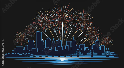 Festive city skyline under a vibrant fireworks display with a reflective river