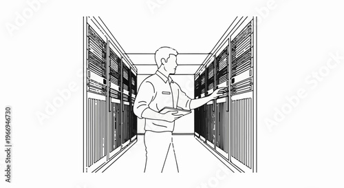 Technician works in a server room, interacting with equipment