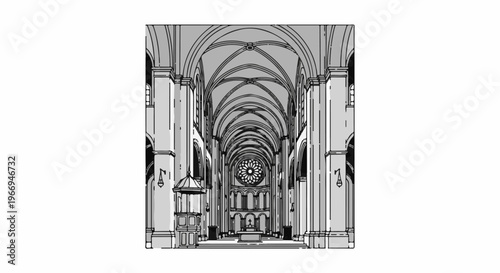 Intricate monochrome drawing of a vast cathedral interior with arched ceiling